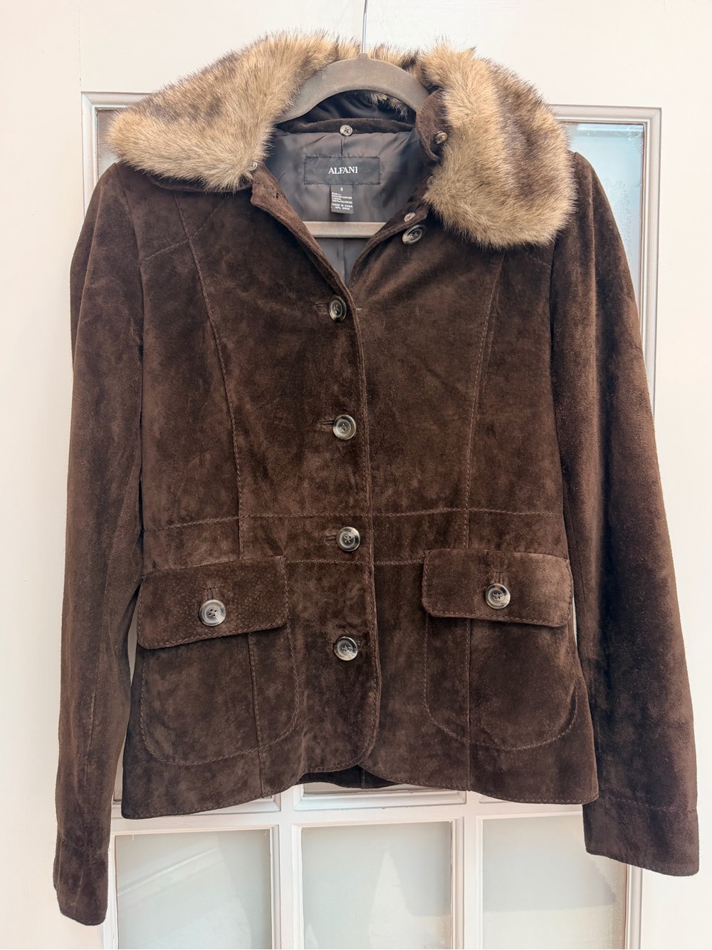 Vintage Alfani Y2K Chic Genuine Leather Brown Suede Jacket Faux Fur Collar Size - Picture 11 of 11